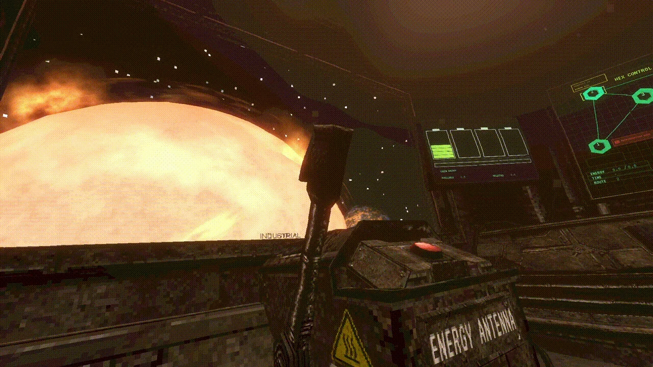 A red dwarf fills the window of a dark industrial space station.