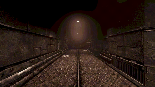 Animated gameplay: walking down an empty industrial corridor.