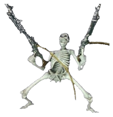 A dancing skeleton with two assault rifles.