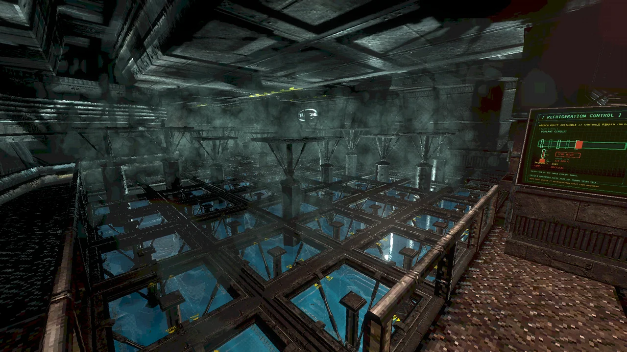 The station’s blue-lit cooling area, with metal walkways and exposed pipes.