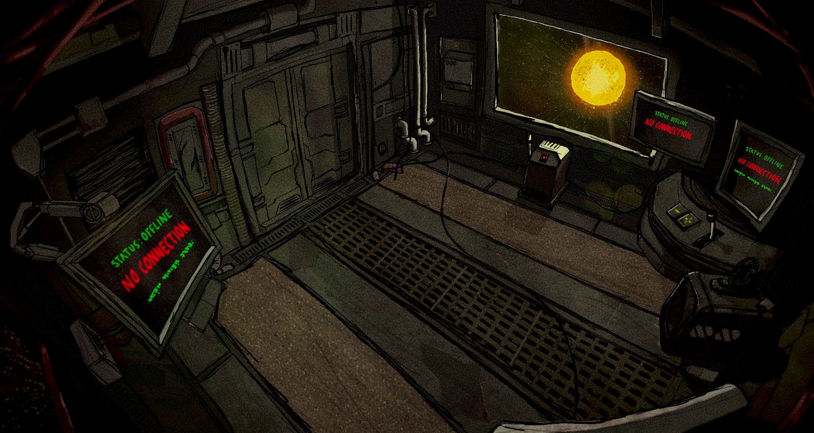 An empty cabin room, its monitors reading no connection, with a red dwarf on the main screen.